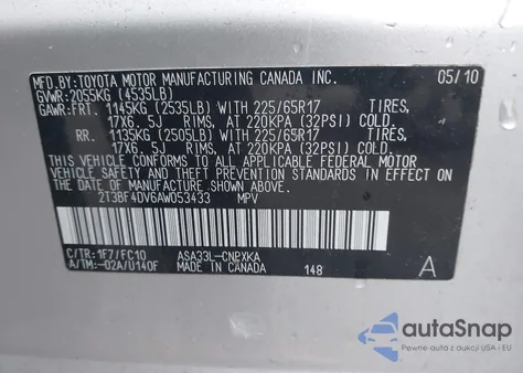 2010 Toyota Rav4 z USA, uszkodzony, nr VIN 2T3BF4DV6AW053433